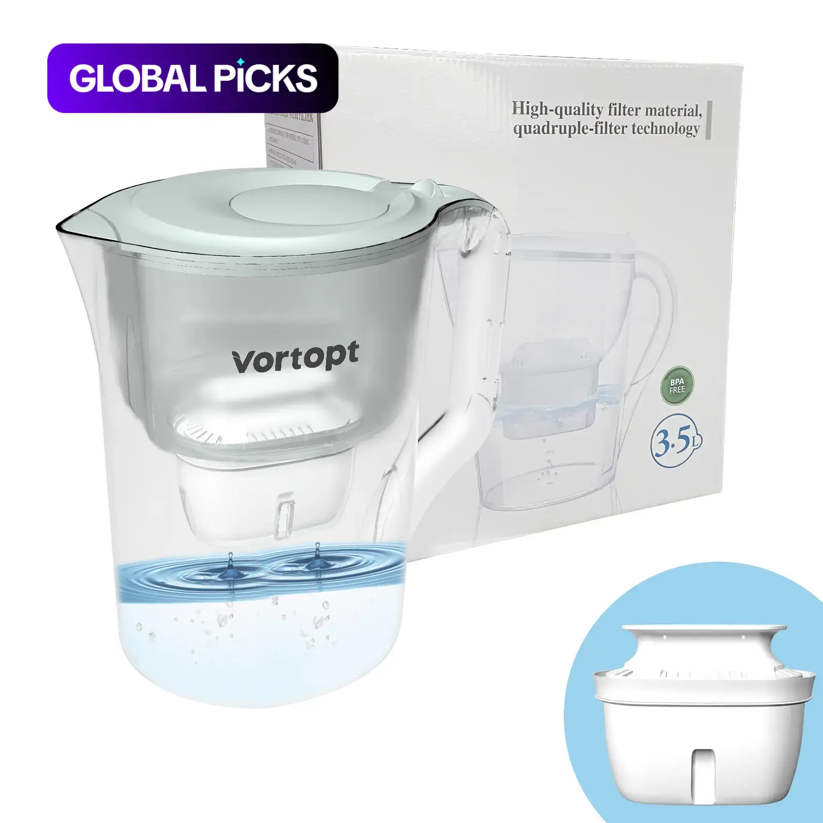 Advanced Water Filter Jug with 1 Core, Fast Flow, Electronic Timer, Removes Chlorine, Calcium, Heavy Metals and Microplastics, 3.5 Liters Capacity, Home Water Filter #GLOBAL PICKS