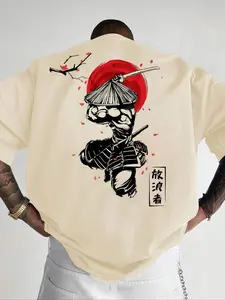 Men's Samurai Sword Print Short Sleeve Tee, Loose Casual Japanese Style Streetwear T-shirt for Summer, Men's Top for Daily Wear, Crewneck
