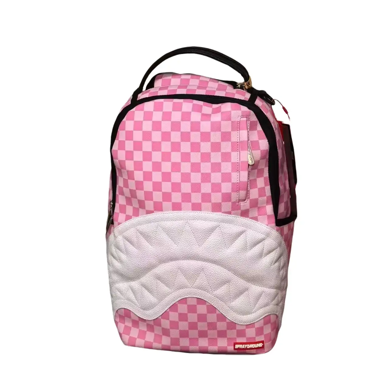 SG Pink Checkerboard Shark-Mouth PU Backpack, Streetwear Trendy School & Travel Daypack, Spacious Durable Urban Style Bag