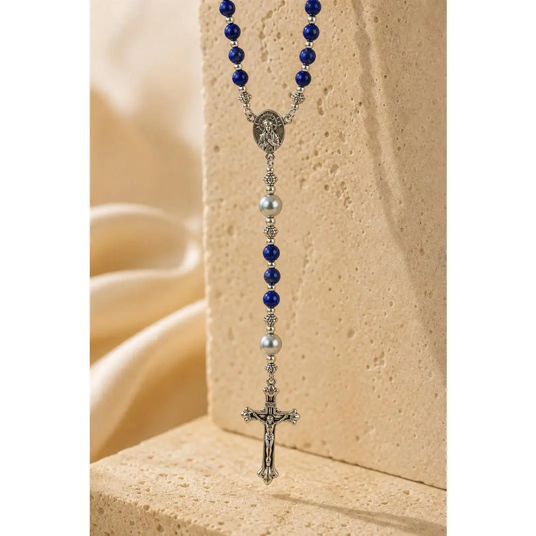 Lapis Lazuli Rosary Necklace – Silver Crucifix Catholic Prayer Beads
