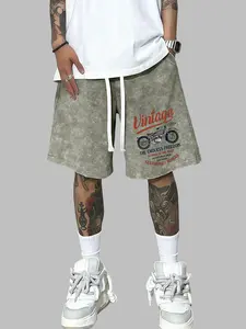 Men’s summer cotton athletic shorts with motorcycle graphic print, washed distressed finish; casual loose fit with a drawstring waist and pockets; retro street style, 2000s vibe. Suitable for running, golf, fishing, basketball, camping, gym, swimming, and