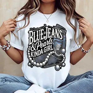 Blue Jeans And Pearls Kinda Girl Print T Shirt Casual Short Sleeve Tee For Women Everyday Wear Fashion Statement Top