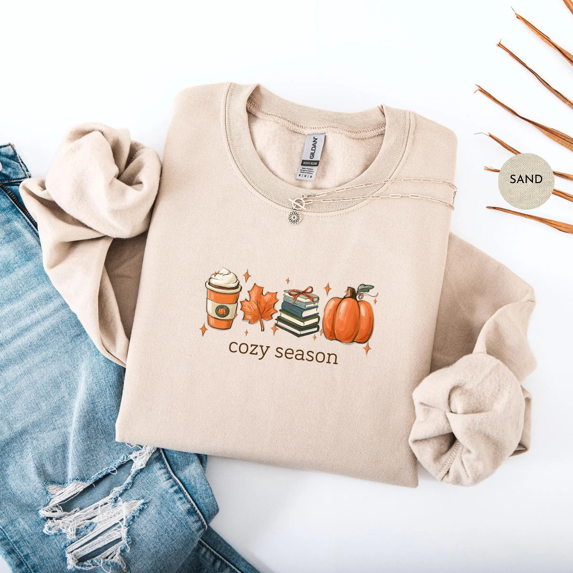 Cozy Season Sweatshirt, Fall Pumpkin Book Lover Crewneck, Autumn Latte Leaf Sweater, Pumpkin Spice Graphic Sweatshirt, Cozy Fall Gift for Women & Men