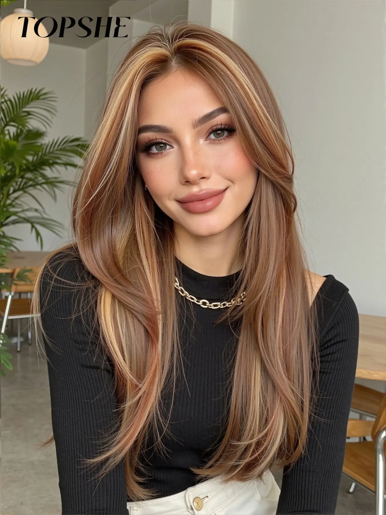 Topshe 113x6 HD Lace Front Wig with Natural Scandinavian Hairline | Caramel Highlights Daily Wear, Long Straight Hair for Women Elegant Wig Lace Frontal Wigs