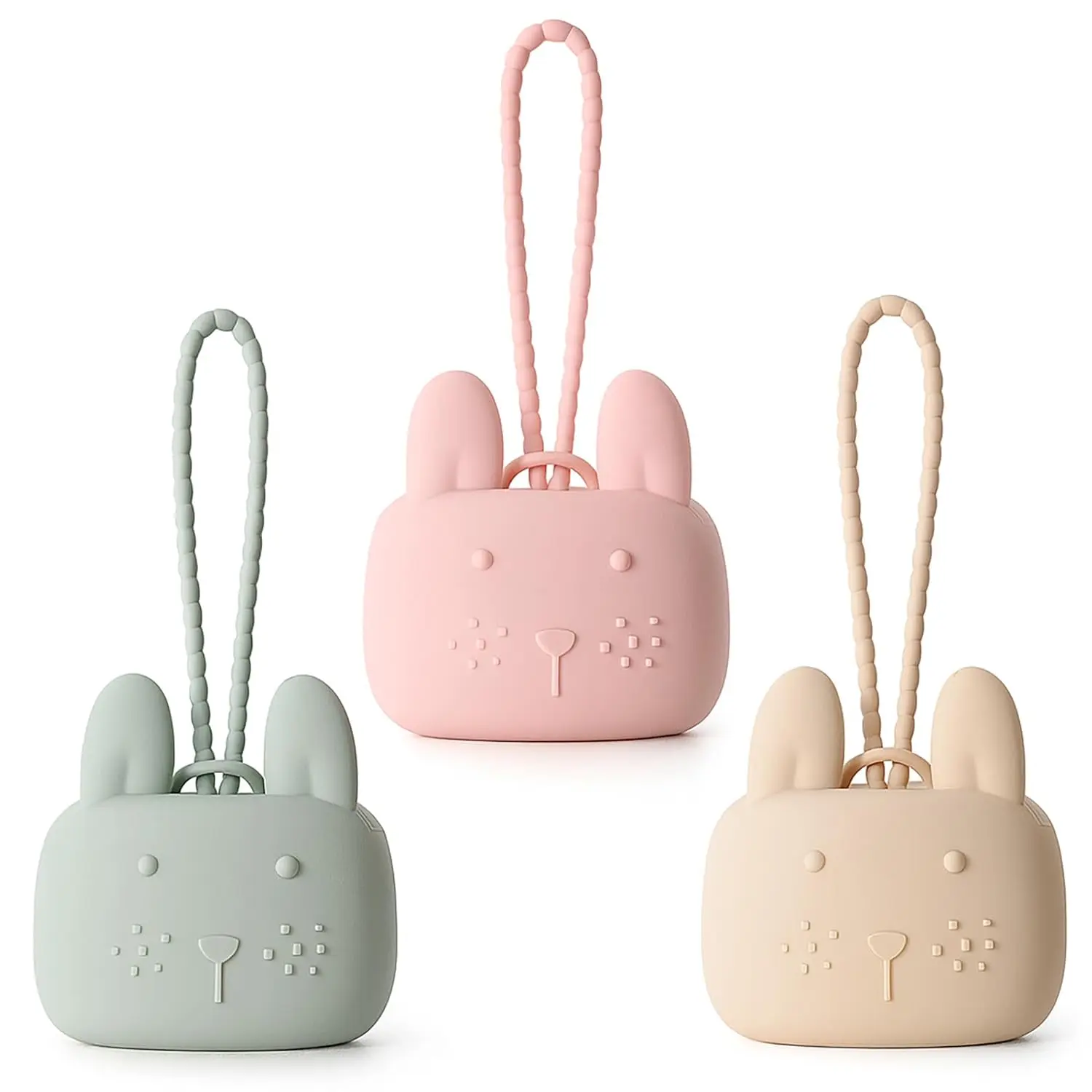 Pacifier Holder Case Silicone Bunny Design Pacifiers Pouch with Soft Silicone Strap, Travel Storage  Stroller & Diaper Bag, Pacifier Holder Pouch  Baby, Set of 3 Beige Dusty Green Pink