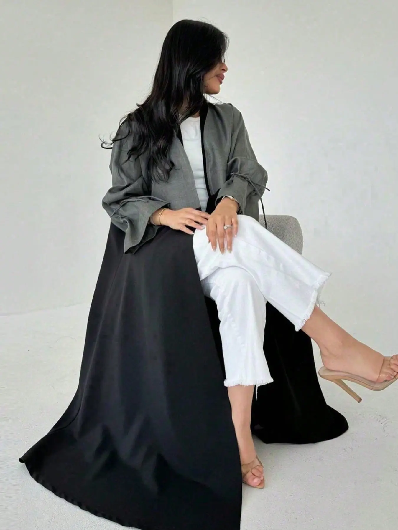 Colorblock Patchwork Loose Fit Modesty Muslim Clothing Abaya Outerwear Loose Abayas, Drawstring Bubble Sleeves Long Cardigan, Elegant Middle Eastern Luxury Women's Clothing Islamic Modesty Clothes