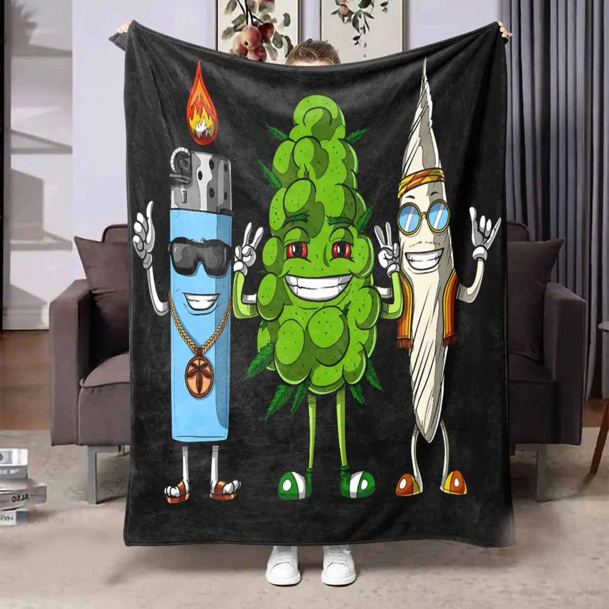 Soft And Comfortable Weed Flower Bud Joint Lighter Design Flannel Printed Blanket Machine Washable All Season Comfort Warm Nap Blanket for Bed Sofa Travel Camping Perfect Gift
