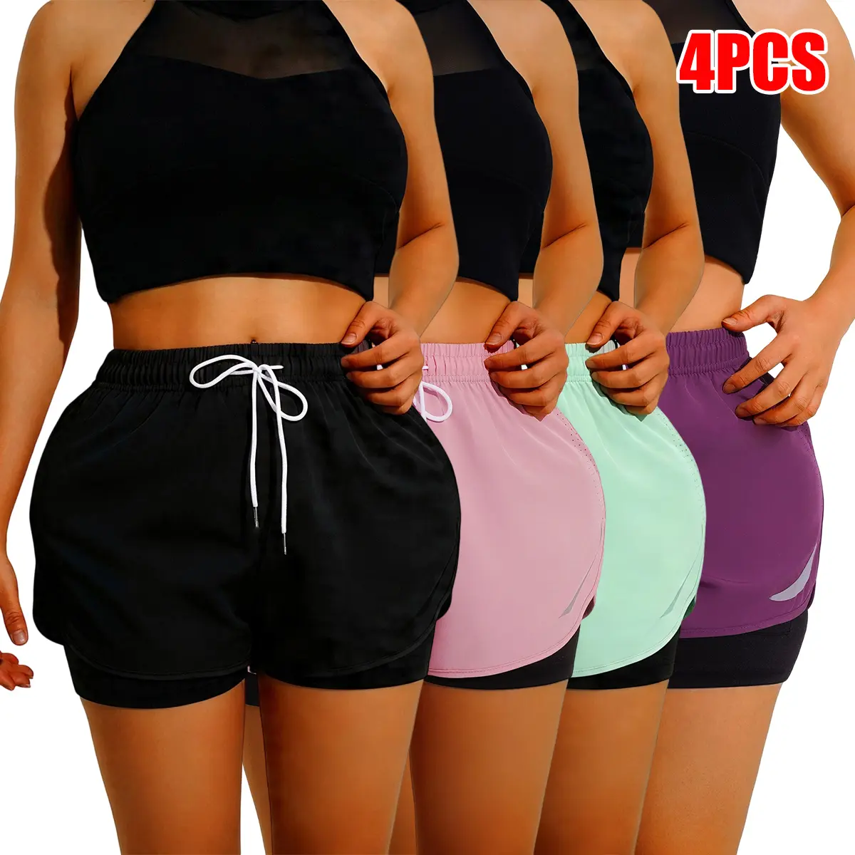 4-pack women’s solid-color casual athletic shorts with a faux two-piece design, available in 5 colors; trendy colors, casual style, drawstring waist; ideal for summer casual wear and great as a gift for women.