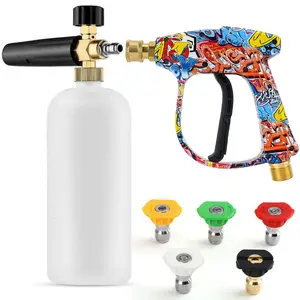 Cool Colorful Short Car Wash Water Gun High Pressure Washer Black Round Foam Pot 1/4 Quick Connect Accessory Outdoor Car Wash Tool with 5 Color Nozzles 1L Capacity