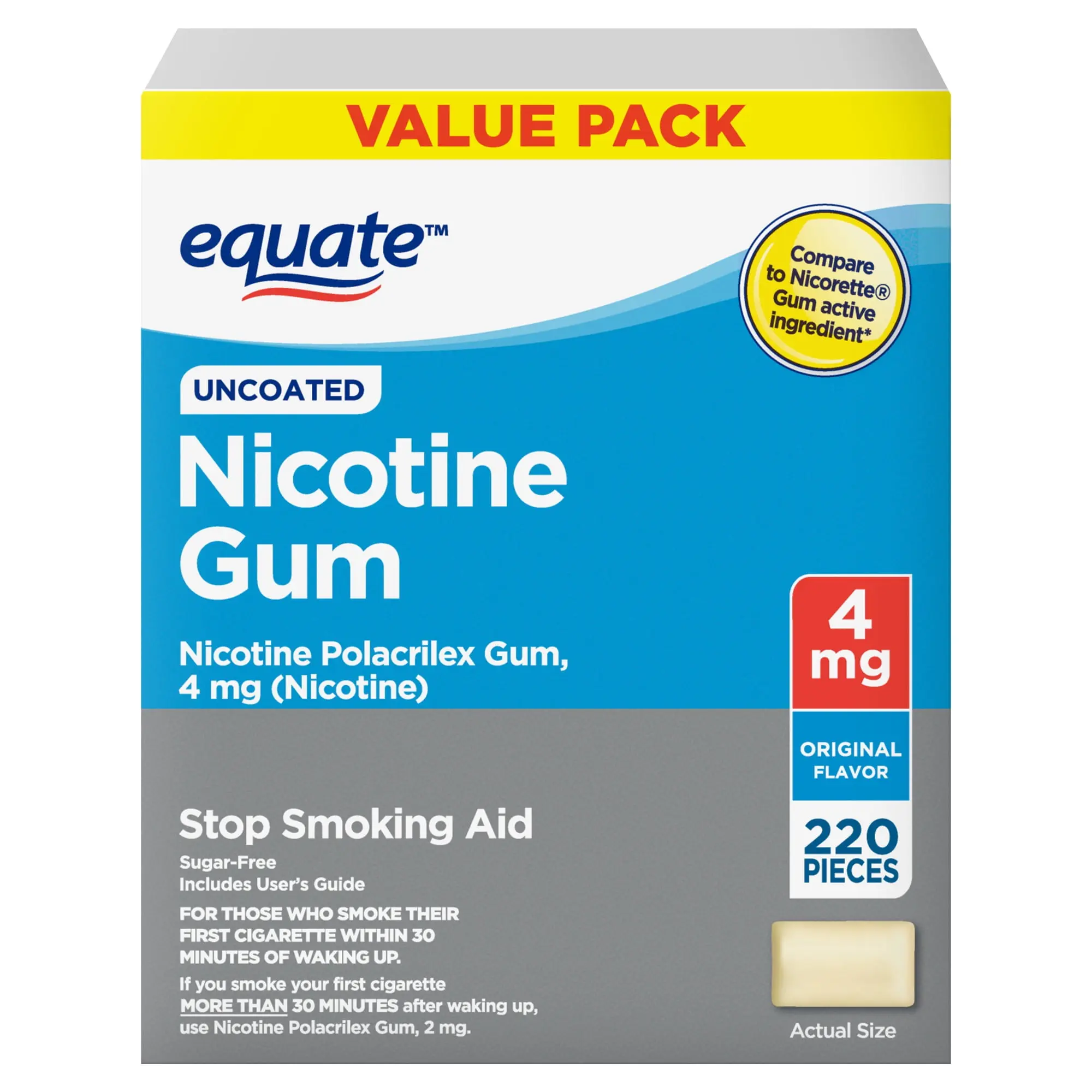Equate Uncoated Nicotine Gum 4 mg, Original Flavor, 220 Count – Stop Smoking Aid