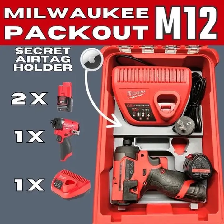 Milwaukee PACKOUT M12 Battery Storage Insert with Hidden AirTag Holder for Secure Job-Site Use Custom Design for M12 Batteries and Chargers