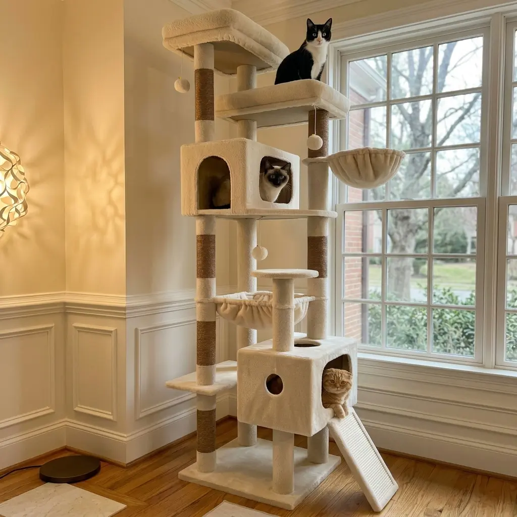 Globlazer Heavy-Duty 80in Tall Corner Cat Tree - Safety-First Space-Saving Cat Furniture with 2 Condos, 6 Sisal Vertical Scratchers, Anti-Topple Strap, Deep Hammock & Prime House Views, Vertical Scratcher