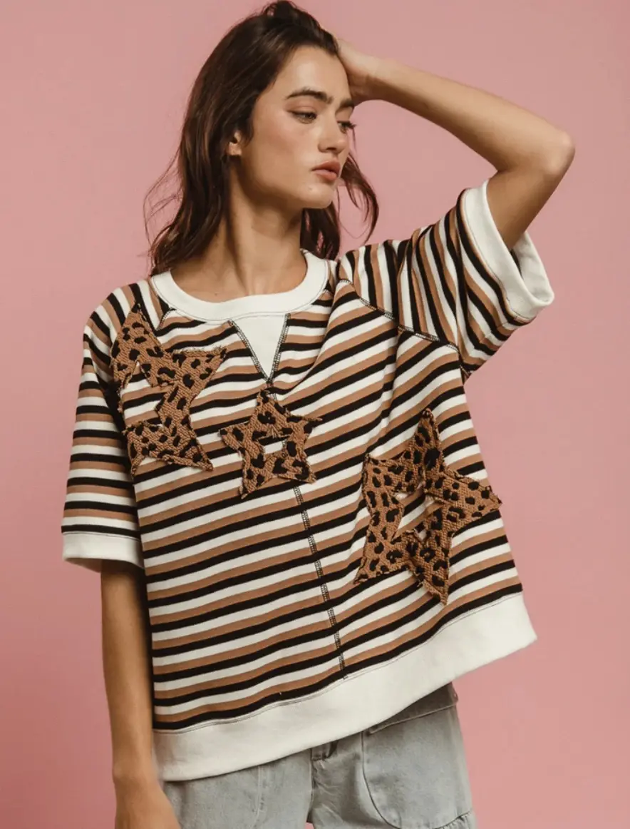 BiBi Boxy Striped Shortsleeve Top with Star & Cheetah Patchwork, Ribbed Trim, Round Neck and Exposed Seams