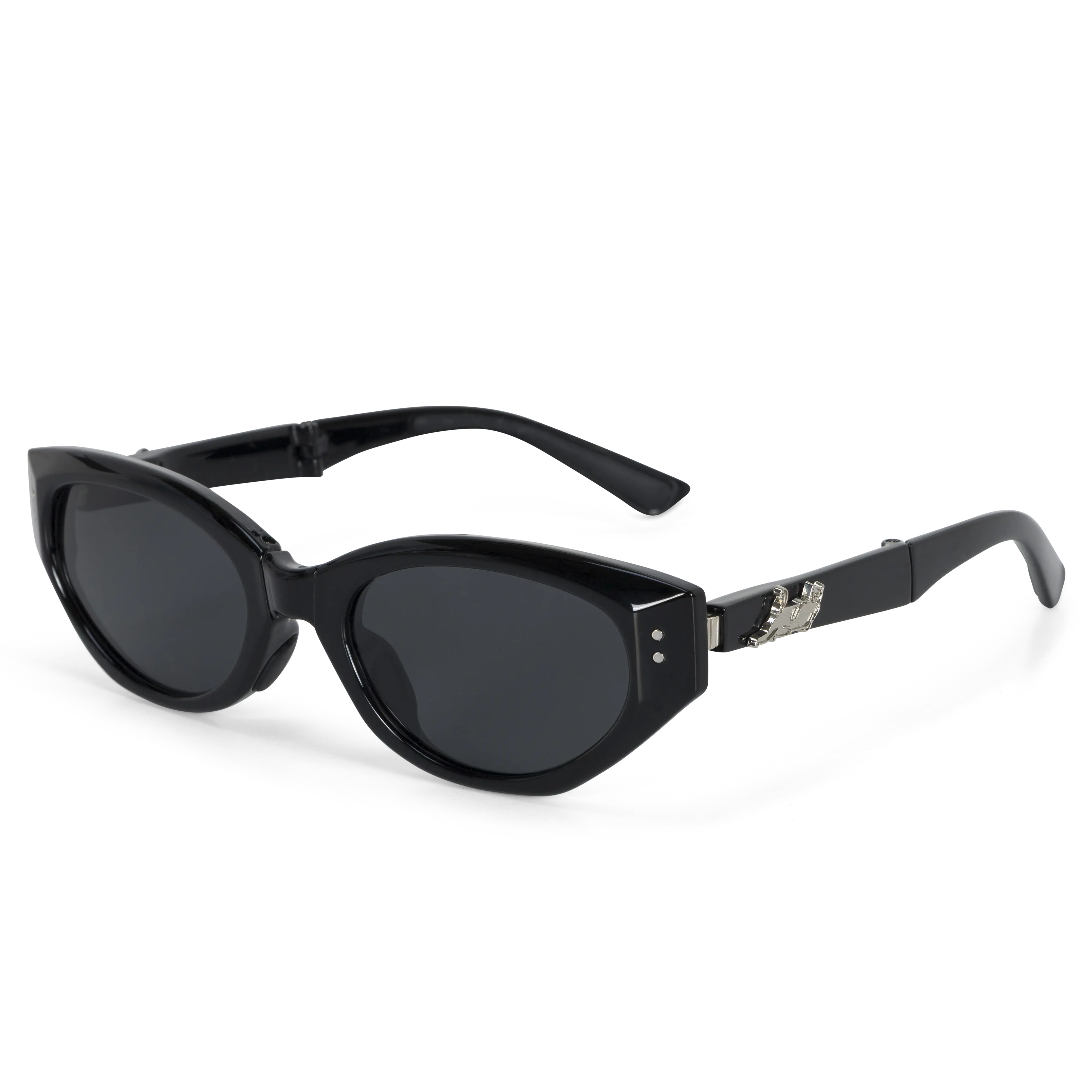 Stylish Folding Cat Eye Sunglasses with Dark Tint Polarized Lenses - Unisex Trendy Black Shades with Chrome Embellished Temples, Includes Case, Sleeve, and Cloth, Fashion Sunnies, Trendy Sunglasses, Stylish Sunglasses