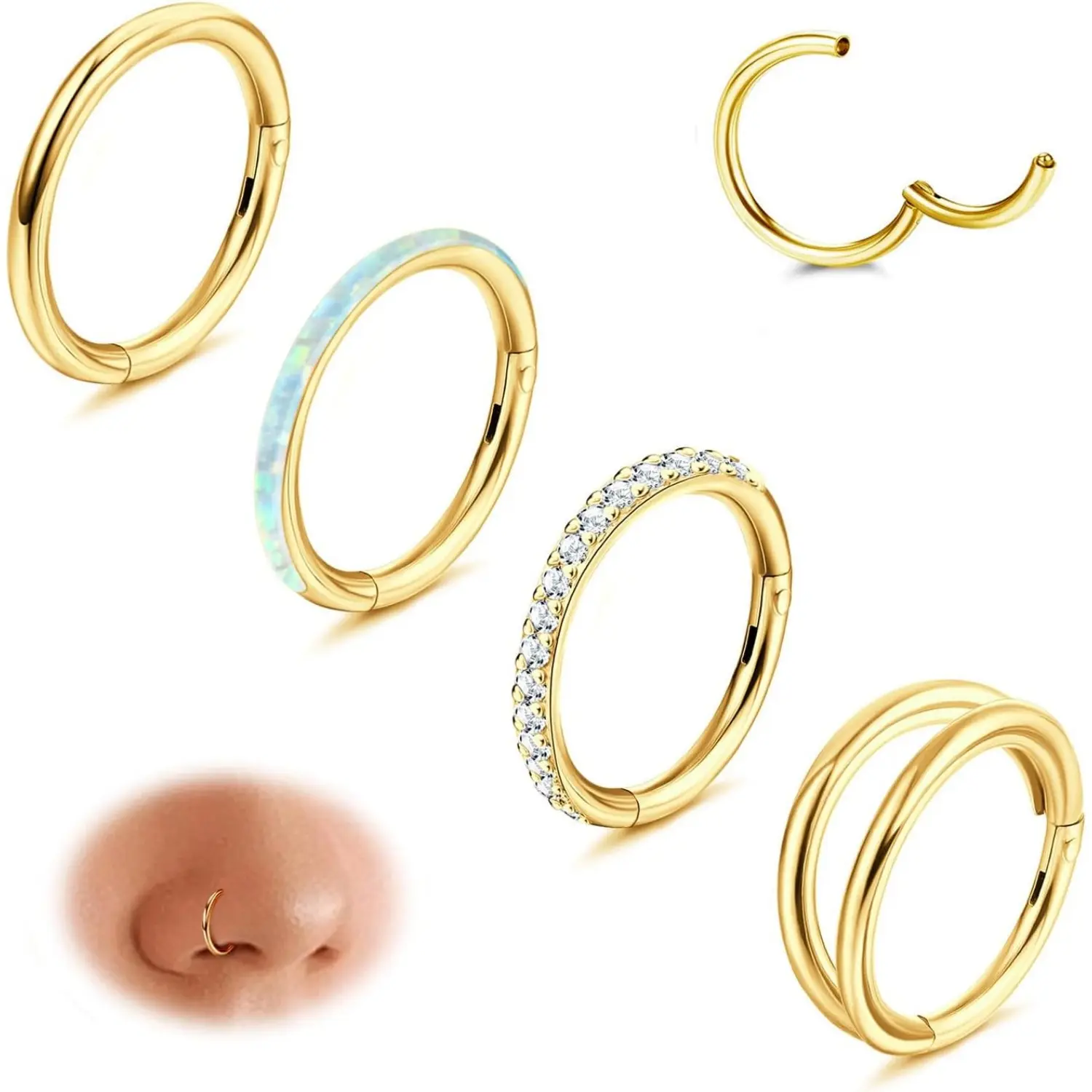 Jstyle 18G 16G Surgical Steel Nose Rings Hoops for Women Opal CZ Septum Rings Clicker Hinged Segment Nose Ring Lip Helix Cartilage Conch Daith Rook Nose Body Piercing Jewelry 8mm 10mm