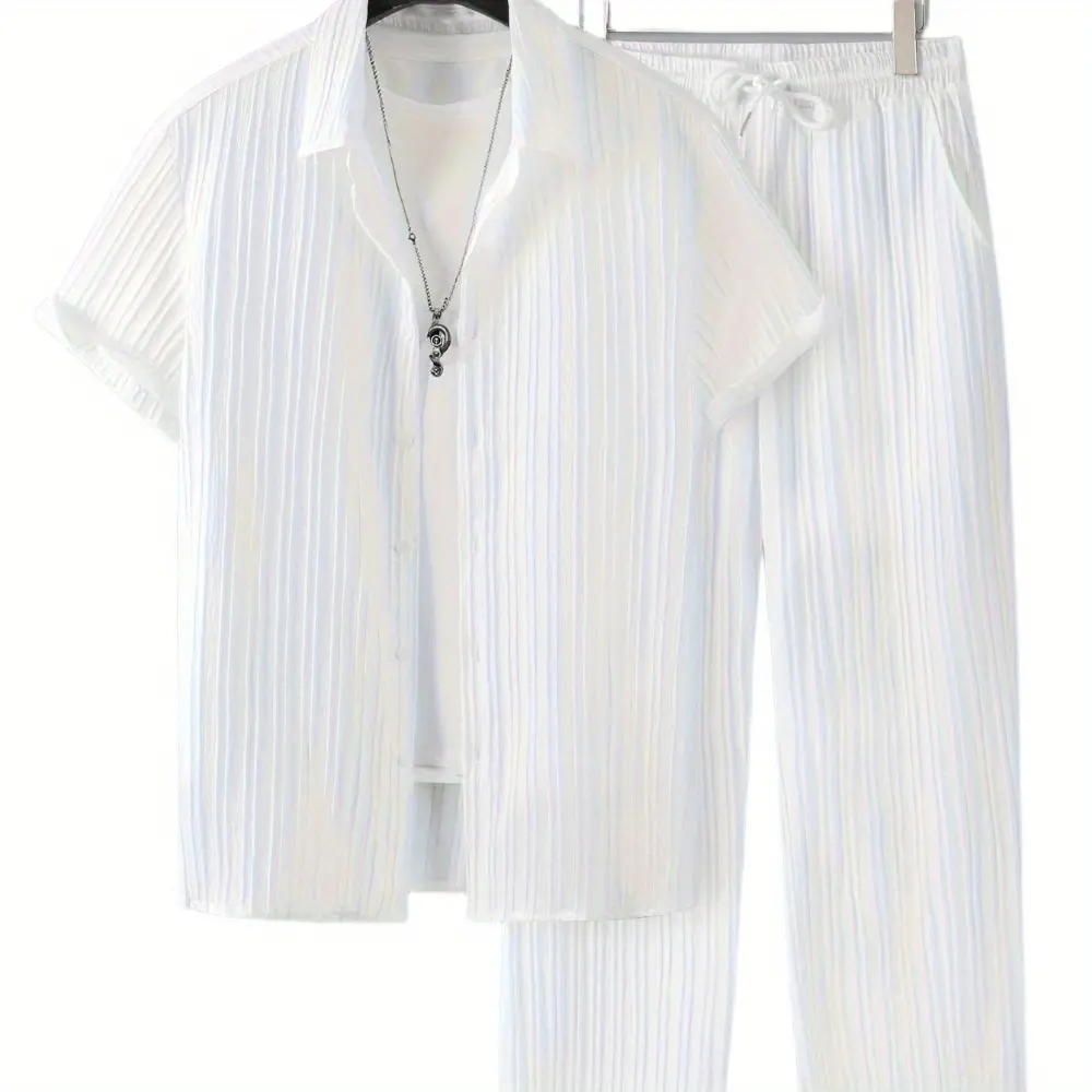 Men's Knit 2-Piece Outfits: Short-Sleeve Lapel Shirt & Wide-Leg Drawstring Trouser for Summer Beach Vacations, Plain, Casual, Clothes, Menswear, Shortsleeve, Pants, Set, Modal, Classic, Knitting, Stylish, Men's 2 Piece Sets, Color-Sorted Wash, Basic, Two-