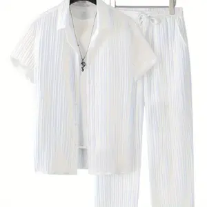 Men's summer 2-piece set, casual and fashionable lapel short-sleeved shirt, drawstring wide-leg pants, beach vacation