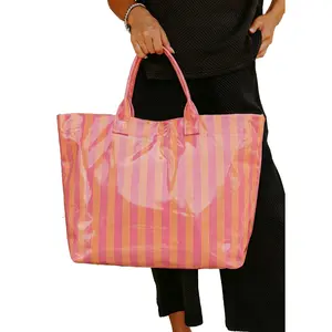Znacicc Women's Chic Glossy Stripe Huge Capacity Vinyl Tote Bag - Ideal for Summer Getaways, Weekly Groceries