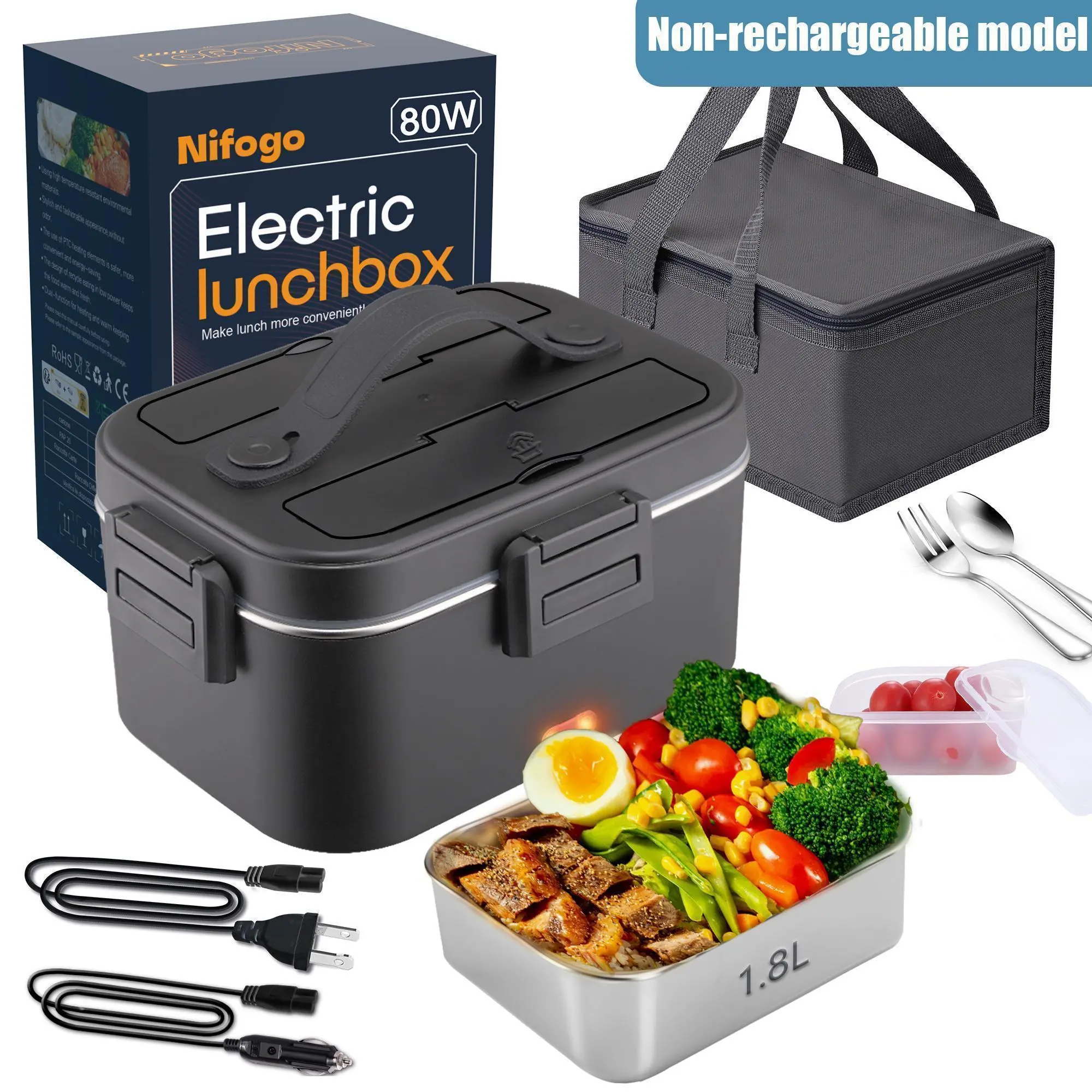 1.5L-3.5L Large Capacity Electric Lunch Box 80W High Power Food Grade Stainless Steel Portable Heated Bento Box With Display Screen 12V 24V 110V Multi Voltage Leak Proof Food Heating Container For Car Truck Office Camping Travel