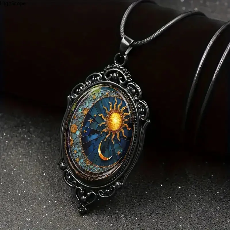 Women's Enchanting Sun and Moon Necklace - Oval Glass Pendant in Black Frame, Elegant & Mystical Jewelry, Gifts for Women, Women Gifts