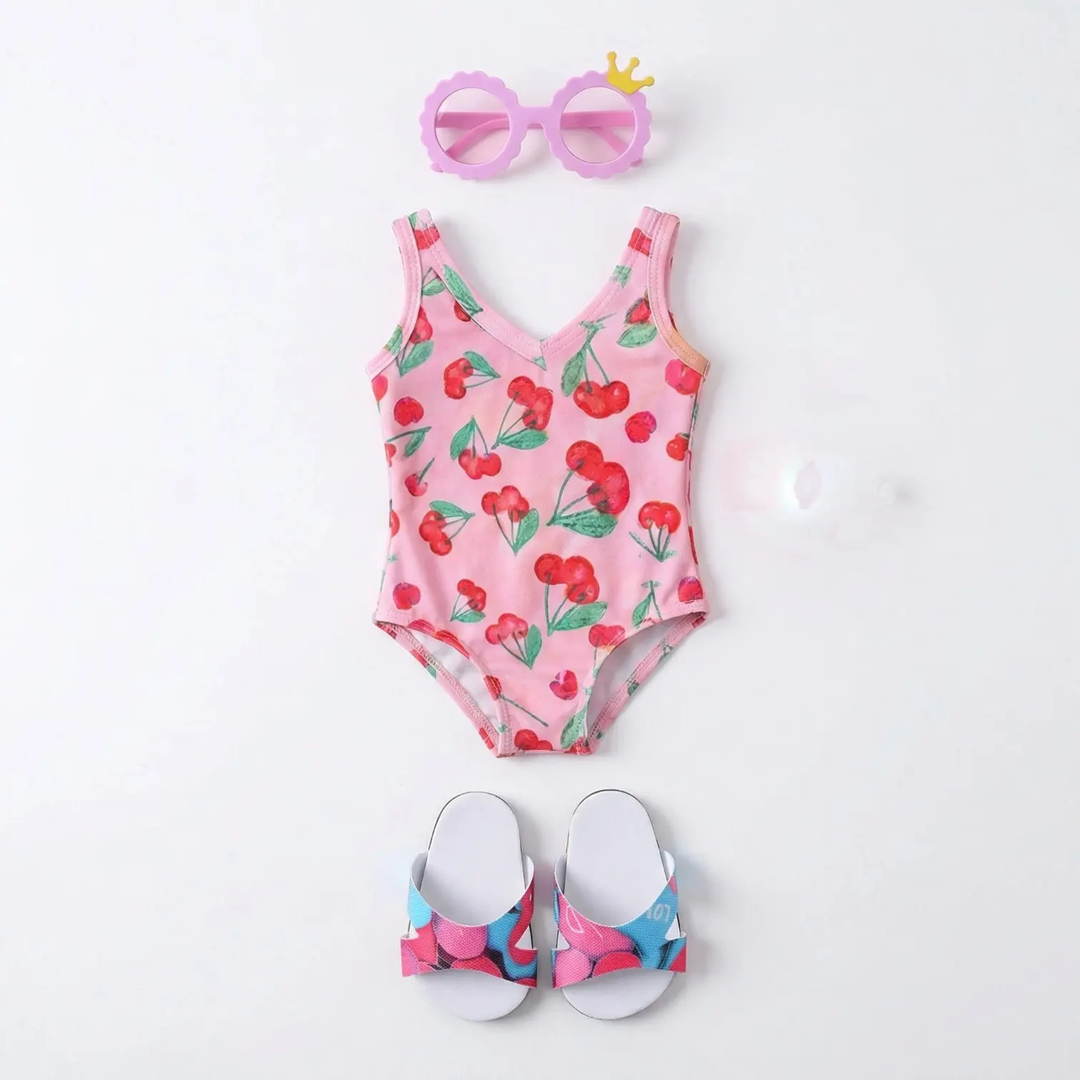 Cherry Pattern Swimsuit Sunglasses Slippers Set, Handmade Polyester Swimwear for Fashion Dolls, Fits 38.1-45.72 Cm Dolls, Doll Clothes Outfit, Doll Accessories