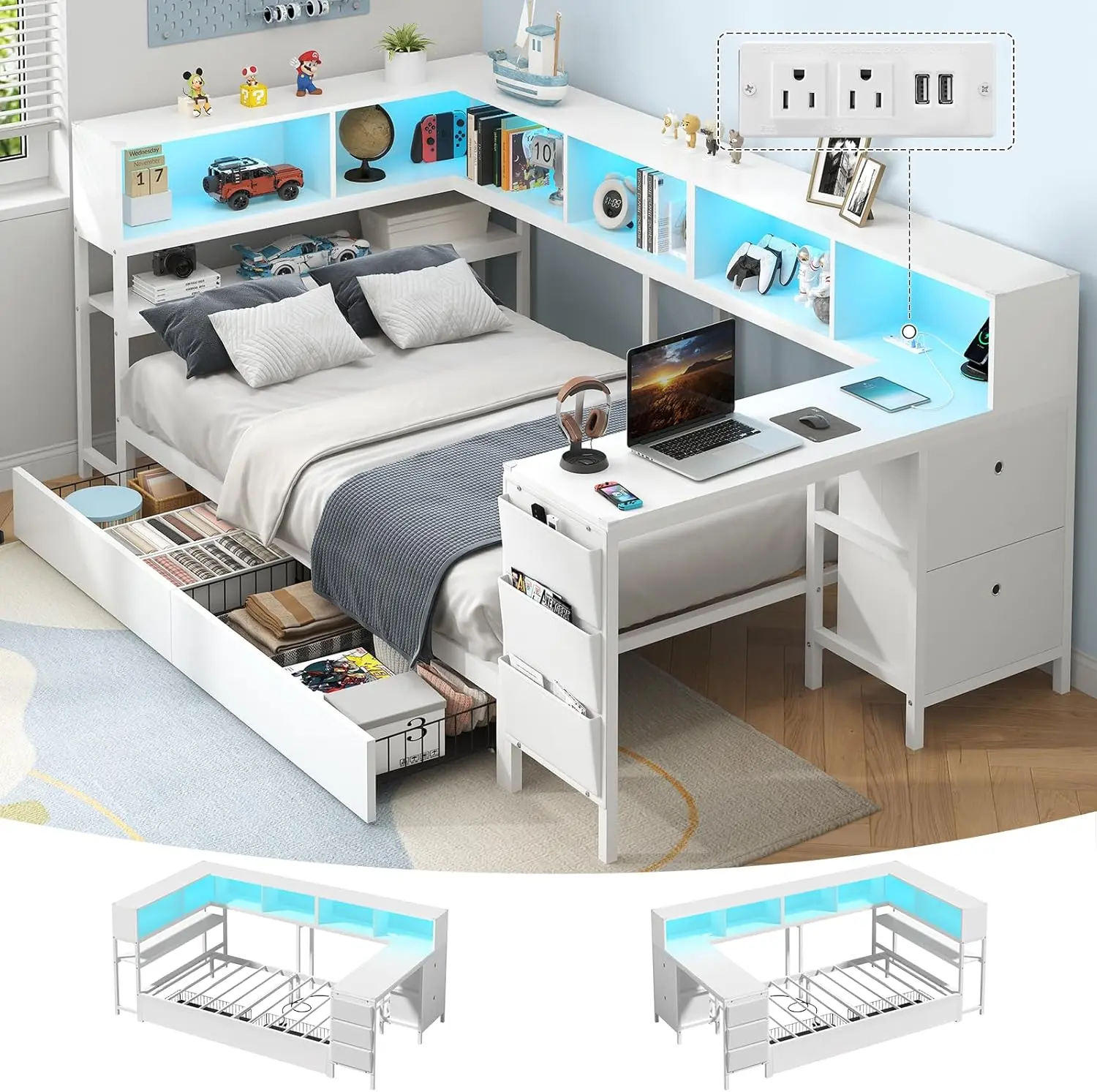 Hasuit Twin Size Corner Bed Frame with Desk, Storage Bookcase, 2 Drawers, 2 Storage Bins, Charging Station - LED Light Modern Elevated Daybed for Teenagers, Elevated Bed Frames, Day Bed, Usb Port