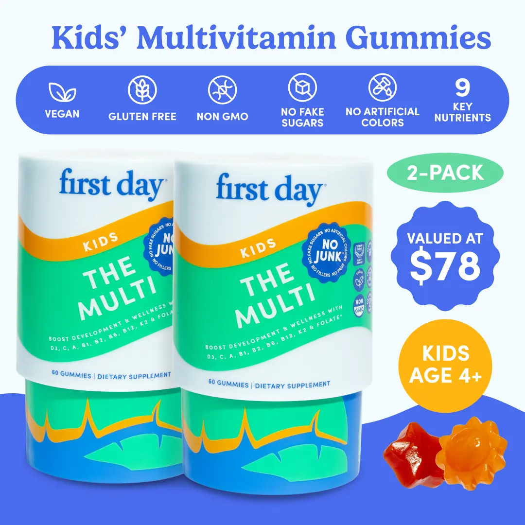 First Day Kids Multivitamin Gummies Ages 4-12 (2 Pack), Natural Strawberry Orange Flavor — 21 Organic Superfoods, 9 Key Nutrients, Vitamin C D3 B12 Folate — Immunity, Healthy Growth, Energy, Picky Eater Approved — 60-Day Supply, Vegan, Non-GMO, No Junk