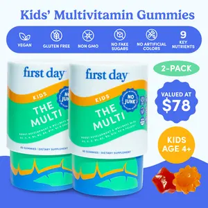 2-PACK First Day Kids Multivitamin Gummies Age 4-12, Strawberry & Orange Flavored Multivitamin Gummy with Vitamins A C D3 K2 B1 B2 B6 B12 Folate, Immunity & Brain Function, Vegan - 60 Day Supply