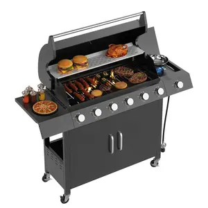 7 Burner Propane Gas Grill with Side Burner, Cast Iron Grates, Warming Rack, Storage Cabinet, Thermometer, Family Barbecue Grill, Outdoor BBQ Grill for Patio Backyard Cooking