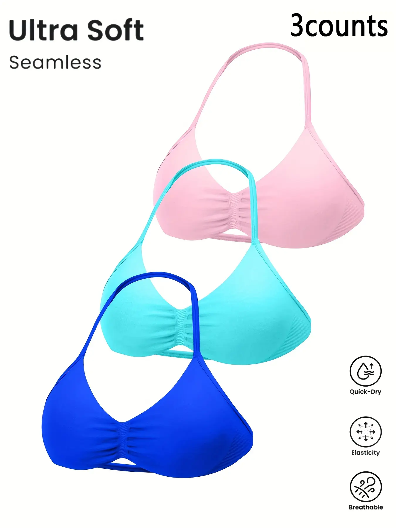 3-piece women's halter-neck sports bra top, Sport Bras, solid color high-elastic nylon backrest workout bra, body-shaping and comfortable underwear