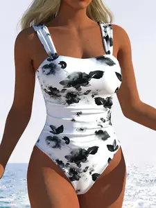 New European and American Style Women's Fashion One-Piece Swimsuit Beachwear, Classic Print, Wide Straps, Comfortable Fit, All Seasons, Bathing Suits, Onepiece Swimwear, Chic Swimsuit
