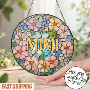 Personalized Mimi Stained Glass Suncatcher, Custom Floral Name Window Hanging Decor, Mother’s Day Gift for Grandma, Nana Gigi Keepsake, Aesthetic Home
