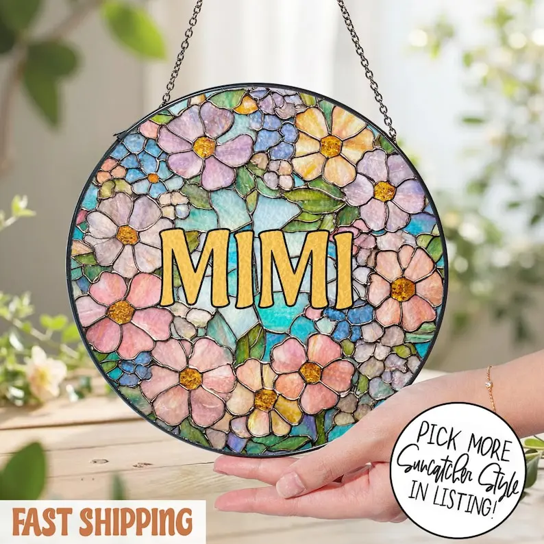 Personalized Mimi Stained Glass Suncatcher, Custom Floral Name Window Hanging Decor, Mother’s Day Gift for Grandma, Nana Gigi Keepsake, Aesthetic Home