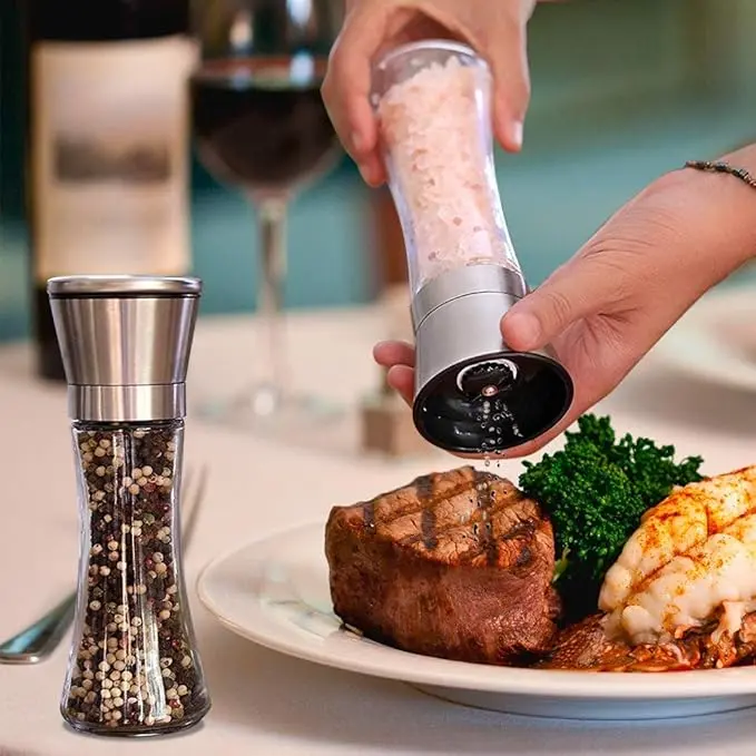 Tall Size Refillable Salt and Black Pepper Grinder Set - 2.5"w x 7.5"h Modern Glass Kitchen Gadgets, Stainless Steel Flip-Top Lid Utensils, Adjustable Coarseness, Manual Operation for Seasoning, Cooking, Coarse/Fine