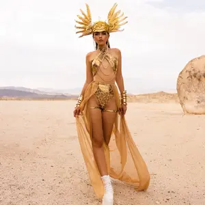 Zenma Goddess Warrior Festival Set – Handmade Gold Leopard Outfit with Sheer Cape for Burning Man & Raves Costume womenswear