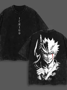 Bleach" (Shinigami) Themed Vintage Washed Fitted T-Shirt, featuring a black and white "Bankai" design on the back — half-skeletal mask with short white hair, one of the character's iconic combat poses; the front is printed with his name "ICHIGO.