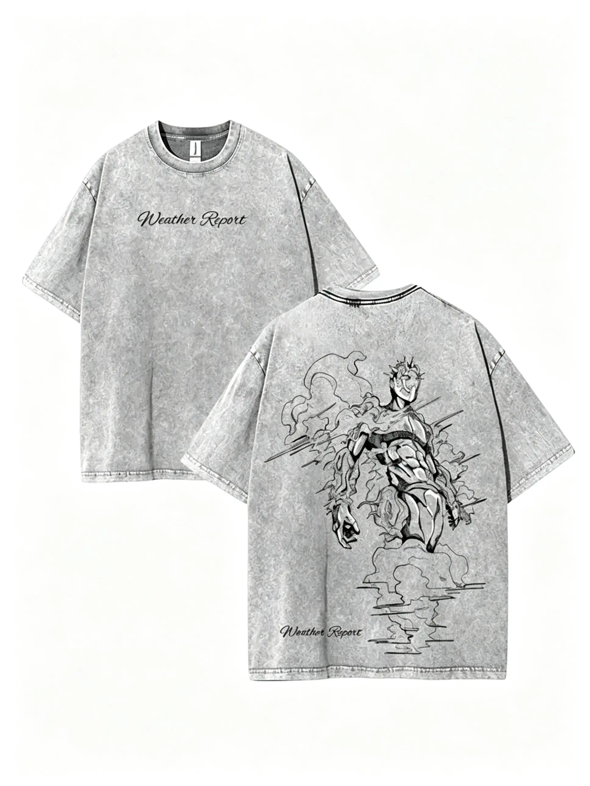 Men's JoJo’s Bizarre Adventure Weather Report Vintage Oversized Washed Cotton Graphic Tee - Menswear Casual Male Clothing Top, Unisex Short-Sleeve Tropical Crewneck Streetwear Gift for Anime Manga Fans
