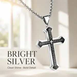 Men's Stainless Steel Lords Prayer Cross Necklace, Two-Tone Black Silver Engraved Bible Verse Cross Pendant with Box Chain, Christian Religious Faith Jewelry Gift for Father's Day Baptism Birthday Christmas
