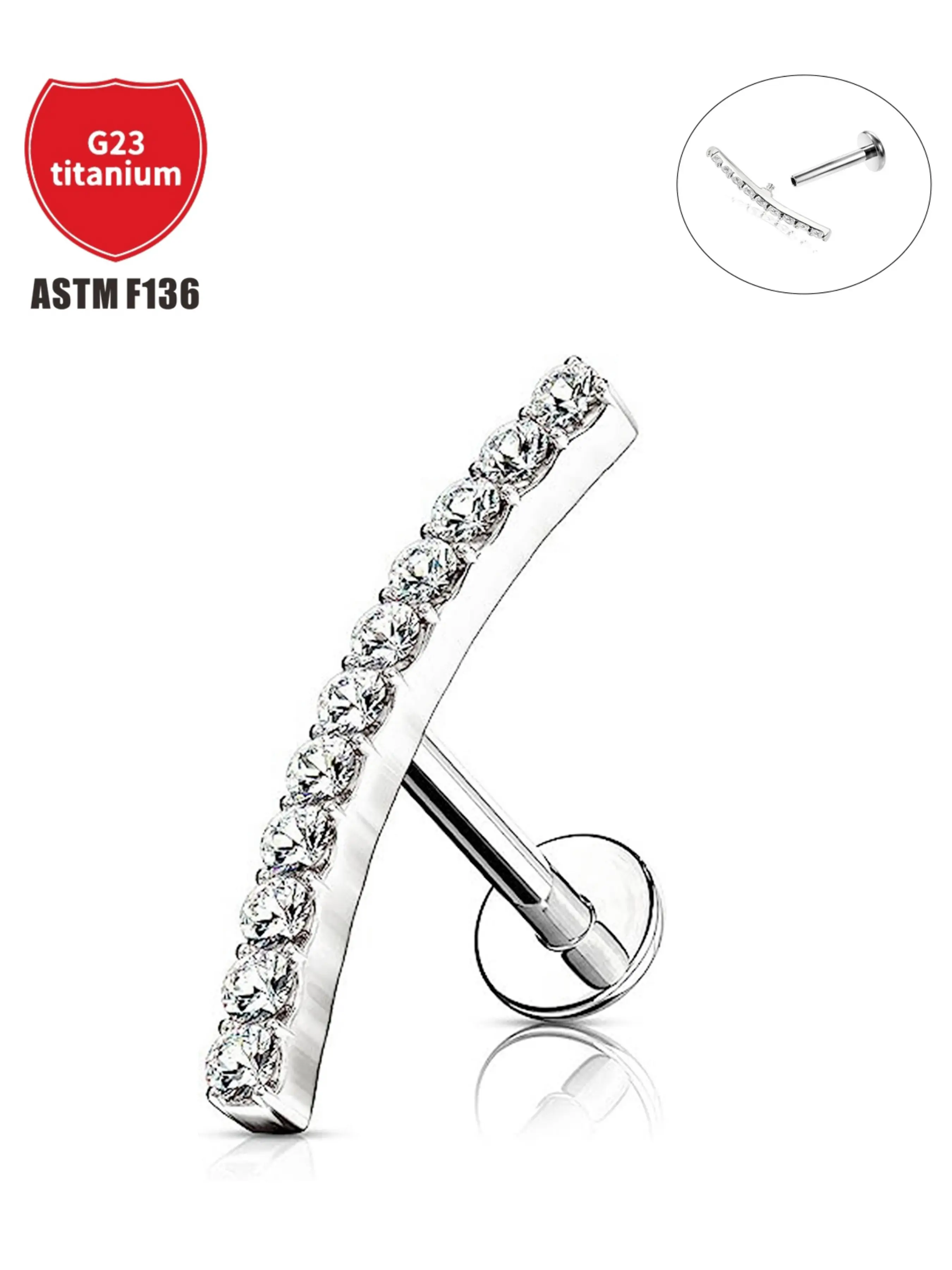 1 Pcs F136 Titanium Curved Smiley Zirconia Stud Earrings, 16g Implant Grade Lip Stud Body Piercing Jewelry, Casual Style for All Seasons