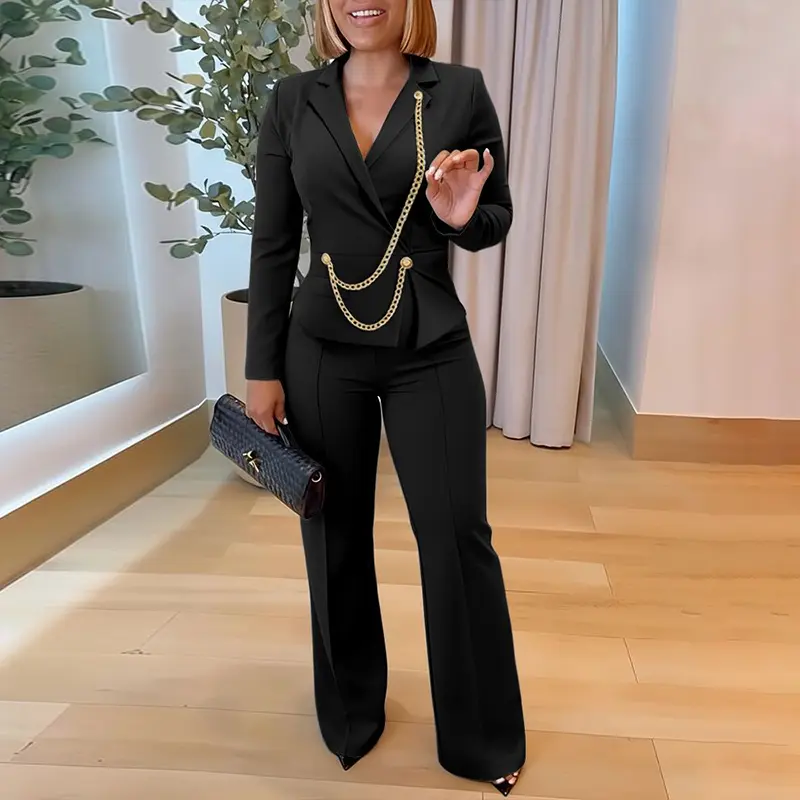 CHICME Women's Chain & Button Decor Notched Collar Overlap V-Neck Slit Spliced Overalls Casual High Waist Wedding Guest Seam Front Zipper Back Wedding Jumpsuit