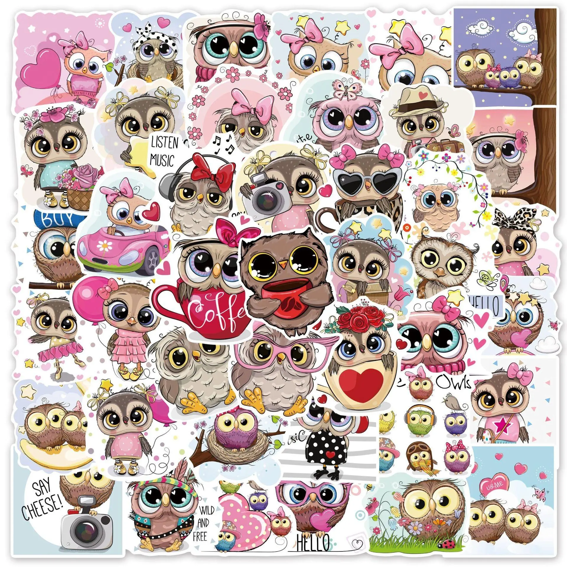 Cute Owl Pattern Sticker, Cartoon Decorative Sticker, Decorative Decals for Phone Case, Computer, Guitar, Bag, Water Cup, Scrapbook, Screen Protector
