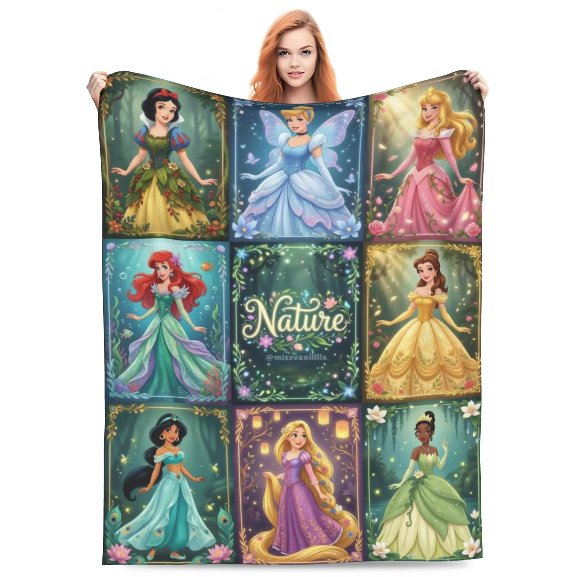 Princess Themed Throw Blanket, 9 Panel Vintage Floral Nature Princess Characters Flannel Fleece Blanket, Soft Lightweight Cozy Plush Blanket for Couch Bed Sofa, Gift for Girls Kids Women Princess Fans