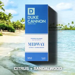 Duke Cannon Supply Co. Proper Cologne – Midway, Citrus & Cedarwood, Fresh, Natural Eau de Parfum for Hard-Working Men, Warm Pacific Breeze Scent, Long-Lasting Everyday Fragrance, Small Batch, Artisan-Made, 1.7 fl oz Modern Apothecary Bottle