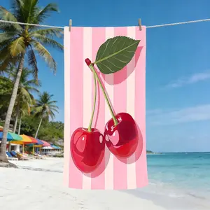 Vintage Realistic Cherry Beach Towel, Flat Print, Fresh Fruit Style, Lightweight Soft Quick Dry, Sun Protection, Striped Pattern Towel