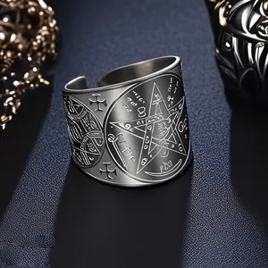 YILUOCD Witchcraft Pentagram Tetragrammaton Rings for Men Vintage Archangel of Metatron Adjustable Ring Amulet Jewelry Gift