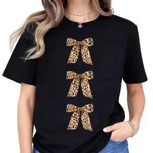 Trendy Loose Fit Short Sleeve Cotton T-Shirt Featuring Leopard and Bow Print Ideal for Casual Autumn Wear Suiting Commuting and Shopping