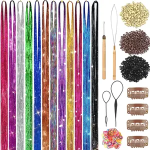 Hair Tinsel Kit, Fairy Tinsel Hair Extensions with Tools - Glitter Hair Tinsel Kit Heat Resistant Accessories for Girls Women Kids Christmas New Year