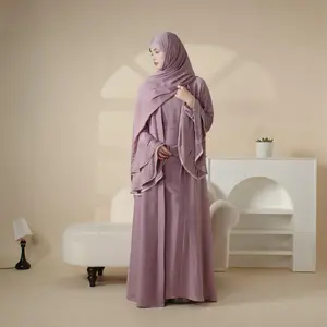 Modesty Muslim Modern Chic Pastel Crepe Satin Ruffle Sleeve Abaya Set 5-piece MOA033 Midi Length with Side Slit Pockets and Matching Belt