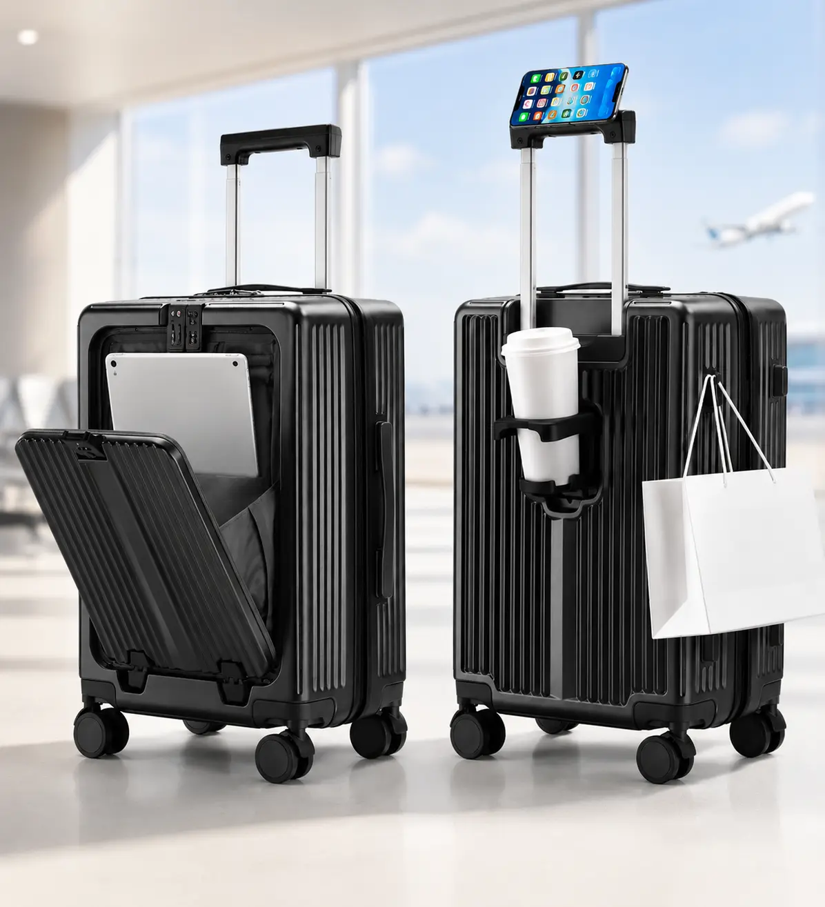 20" PC+ABS Lightweight Anti-Theft 4-Wheel Hardside Carry-On Luggage, 360° Rotation Silent Wheels Smart Travel Essential, Stylish Rugged Bag with Built-In Phone Cup Holder, USB Charger Lock, 41L (Black/White/Gray)