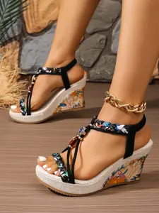 Colorful Braided Strap with Beaded Decoration, Printed Heeled Design, Ethnic Style, Height-Boosting Effect, Fashionable Footwear Accessory
